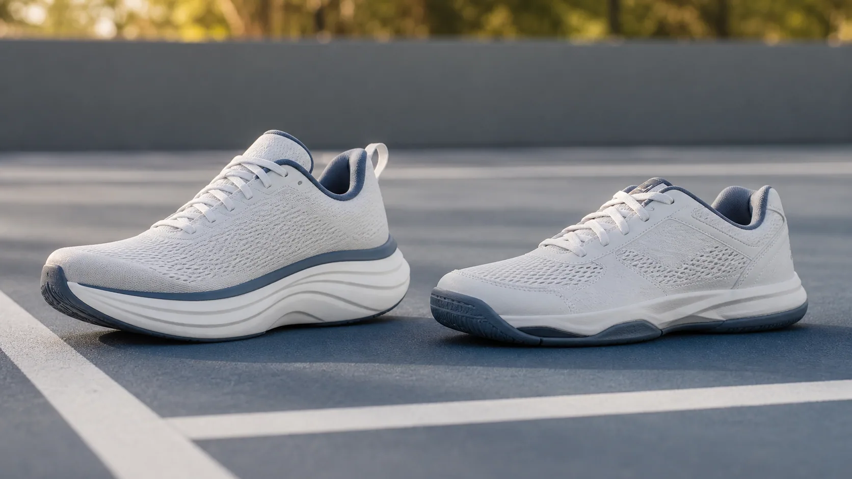 A cushioned running shoe beside a low-profile court shoe